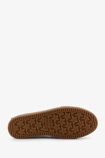 Brown rubber sole with star pattern and puma logo embossed on miu miu women’s beige suede loafers