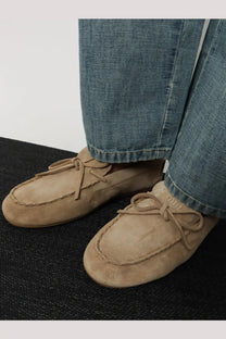 Beige suede moccasin loafers with matching laces and stitched detailing from miu miu women’s suede loafers beige collection