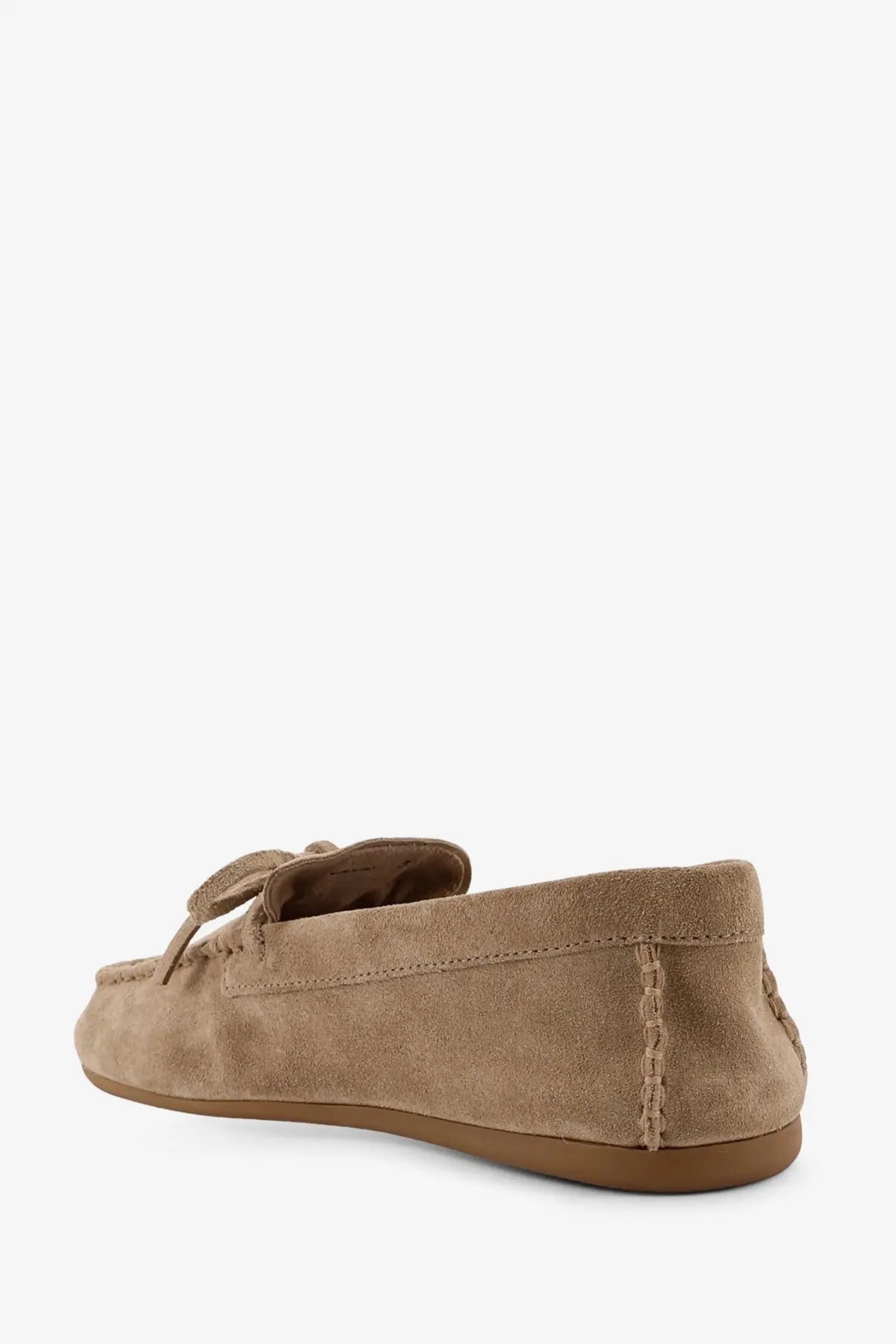 Miu Miu women’s beige suede loafers with tan moccasin design and small bow at the front