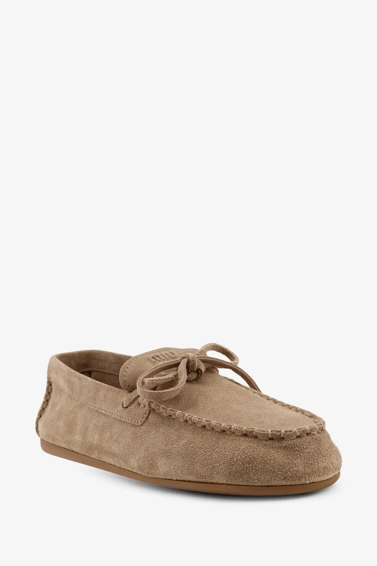 Miu Miu women’s beige suede loafers featuring tan moccasins with tied bow and stitched detailing
