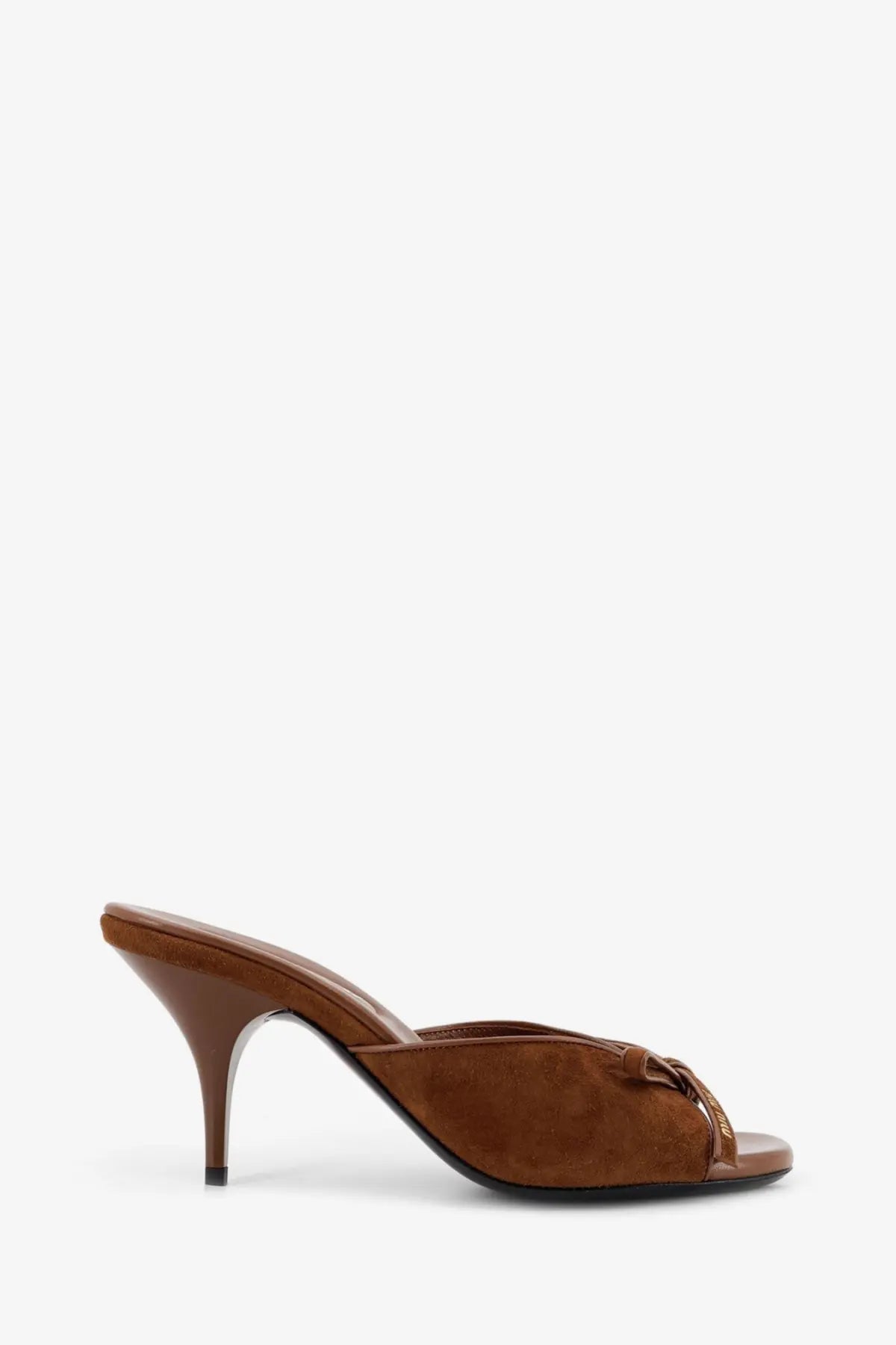 Miu Miu women’s brown suede mule heel sandals with decorative bow at the toe in rovere color