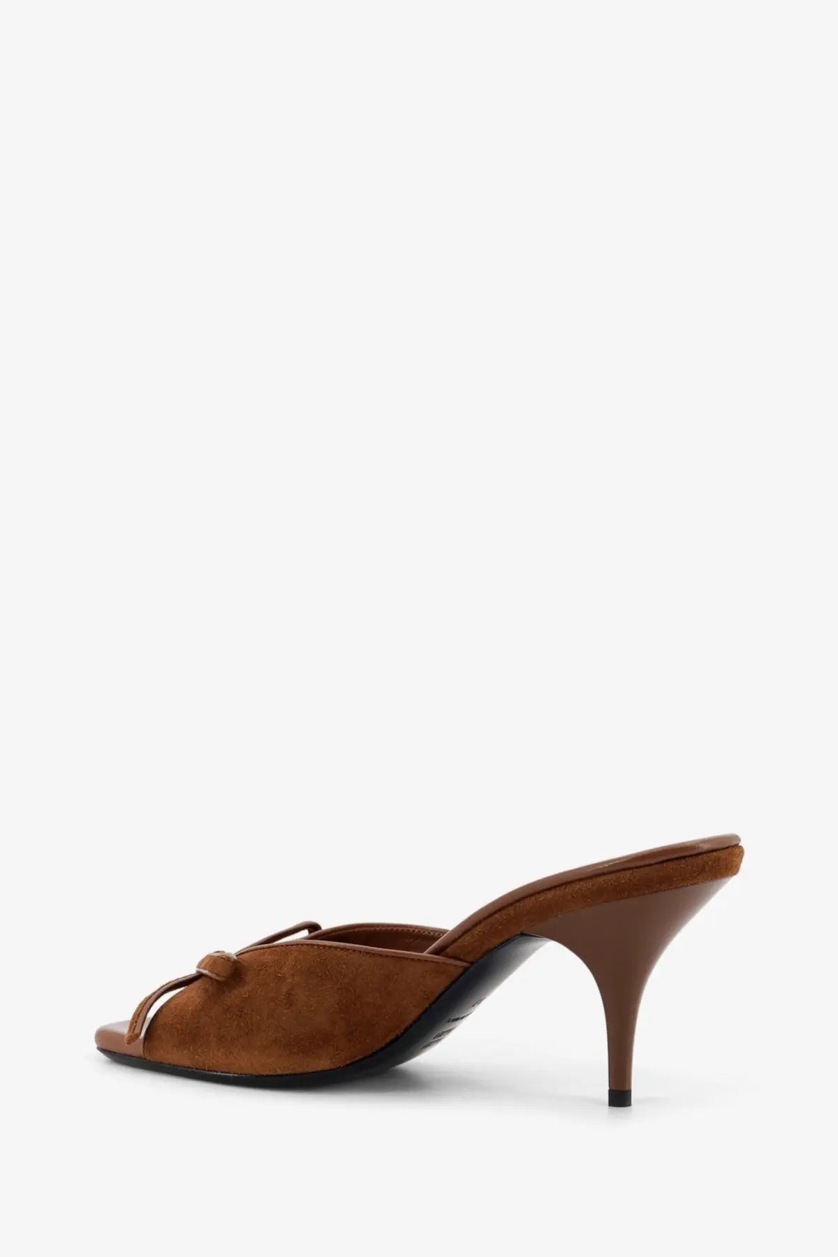 Miu Miu women’s brown suede mule sandal with bow detail and slender heel in rovere color