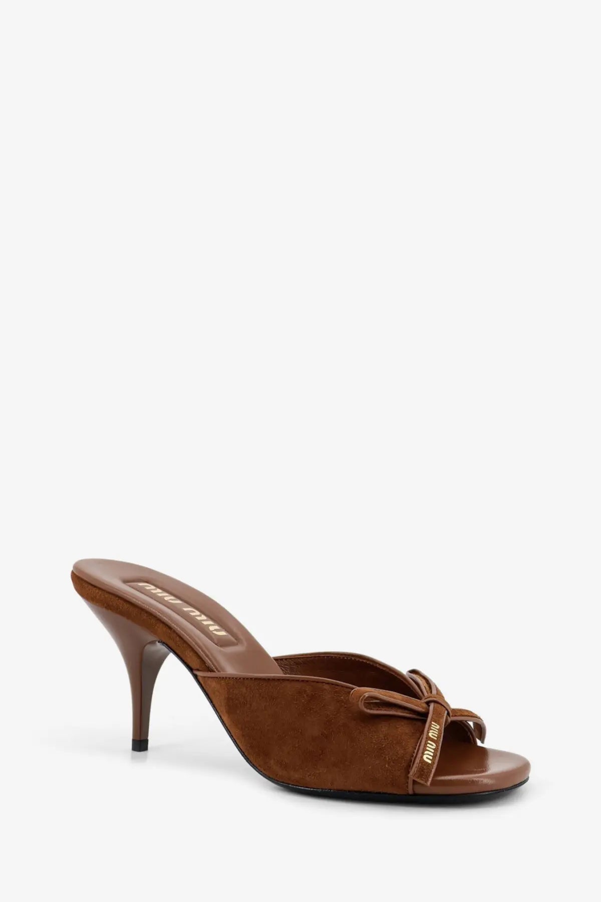 Miu Miu women’s brown suede mule sandal with bow detail and logo on the strap in rovere color