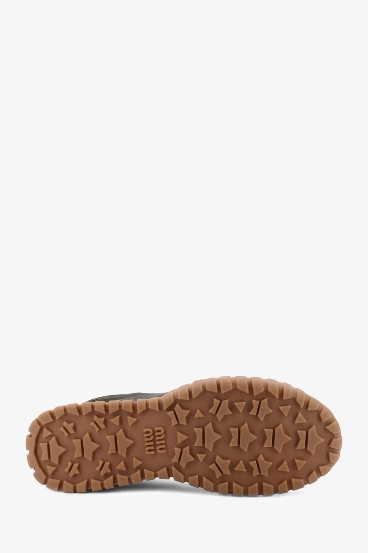 Brown rubber sole with star shaped tread and embossed geo logo of miu miu women’s green technical fabric and suede tyre sneakers