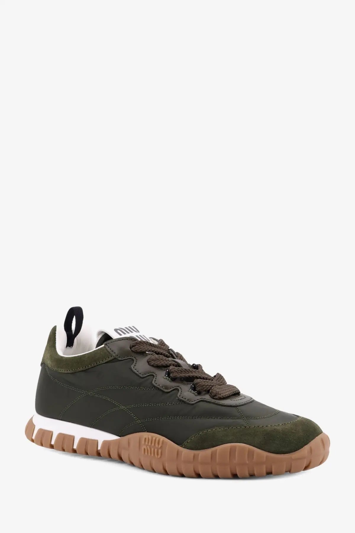 Miu Miu women’s olive green suede and canvas sneakers with brown laces and tan rubber textured outsole