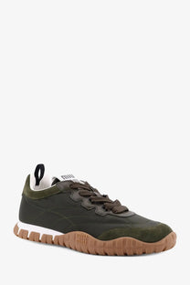 Miu Miu women’s olive green suede and canvas sneakers with brown laces and tan rubber textured outsole