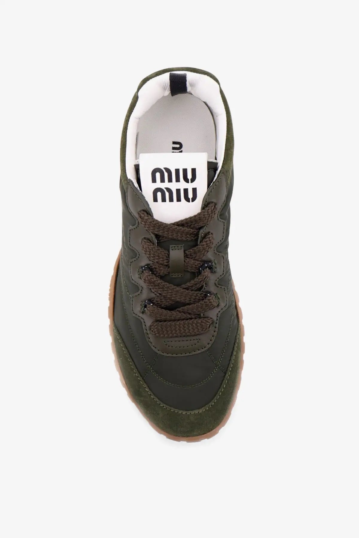 Green miu miu women’s sneaker in olive suede and canvas with brown braided laces and gum rubber sole