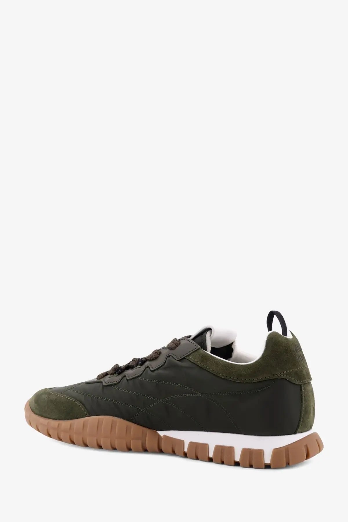 Miu Miu women’s olive green suede and canvas sneaker with tan rubber sole white midsole and black laces