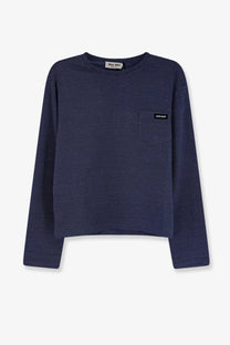 Navy blue long-sleeved miu miu jersey shirt with subtle white dots and small chest pocket logo detail
