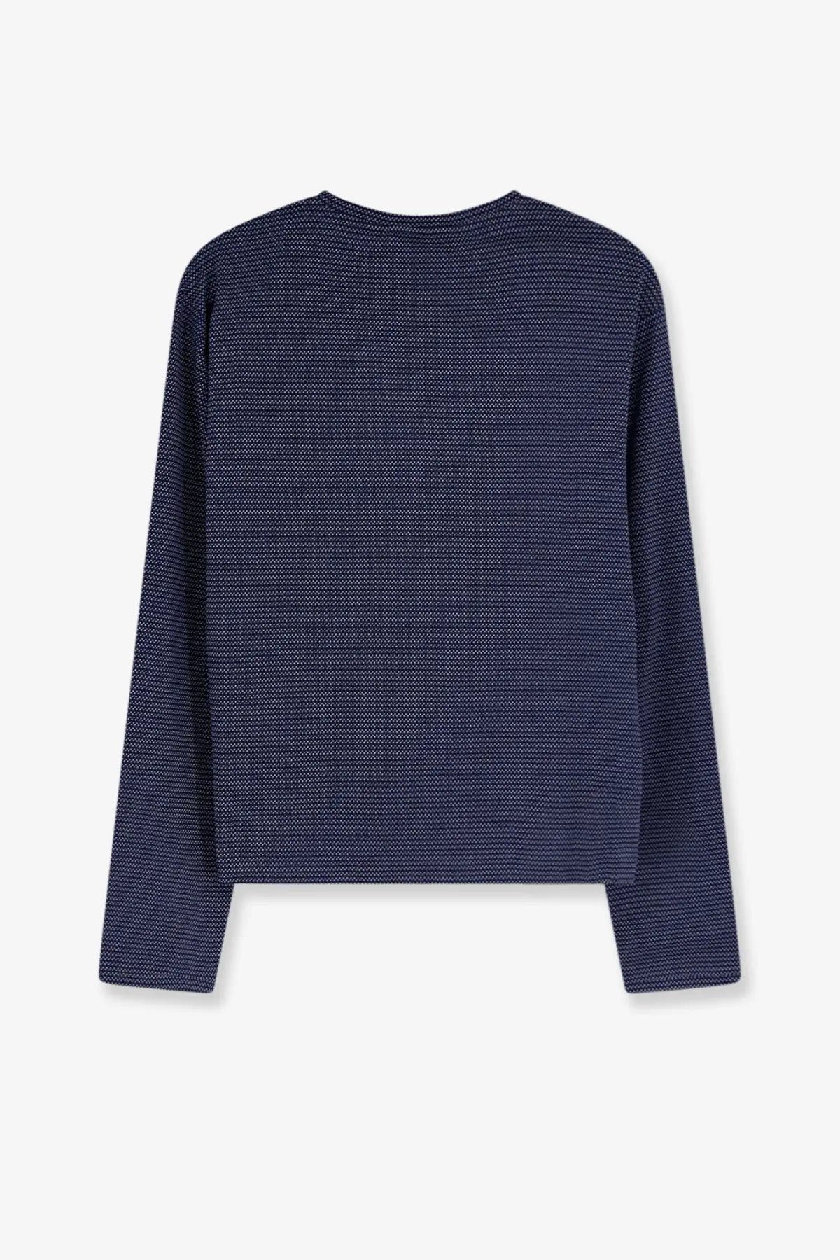 Navy blue long-sleeved sweater with subtle textured pattern from miu miu women’s two tone jersey shirt white collection