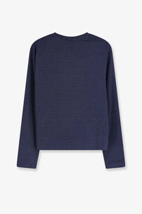 Navy blue long-sleeved sweater with subtle textured pattern from miu miu women’s two tone jersey shirt white collection