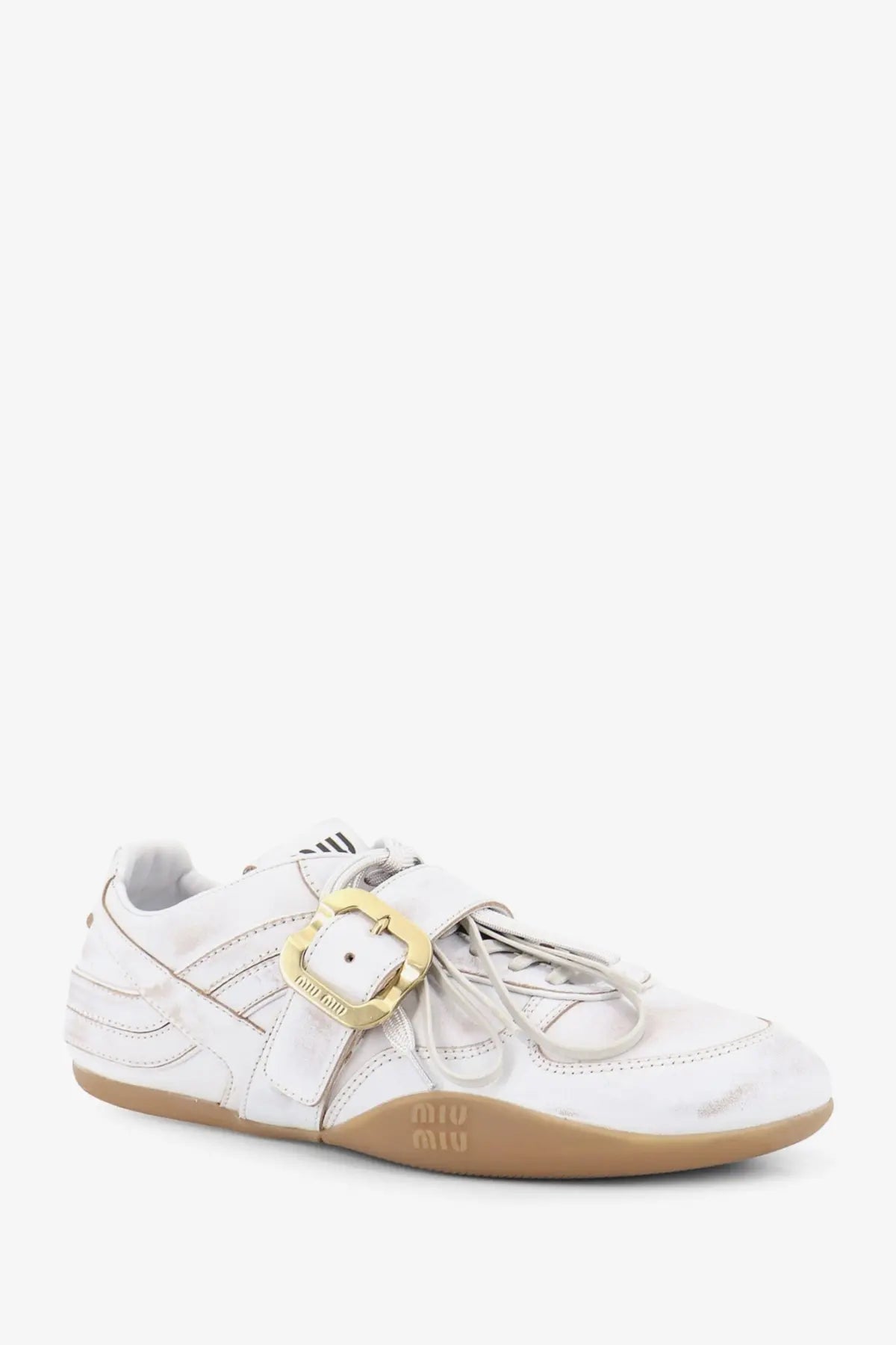 White leather miu miu women’s used effect sneaker with gold-tone buckle and tan rubber sole