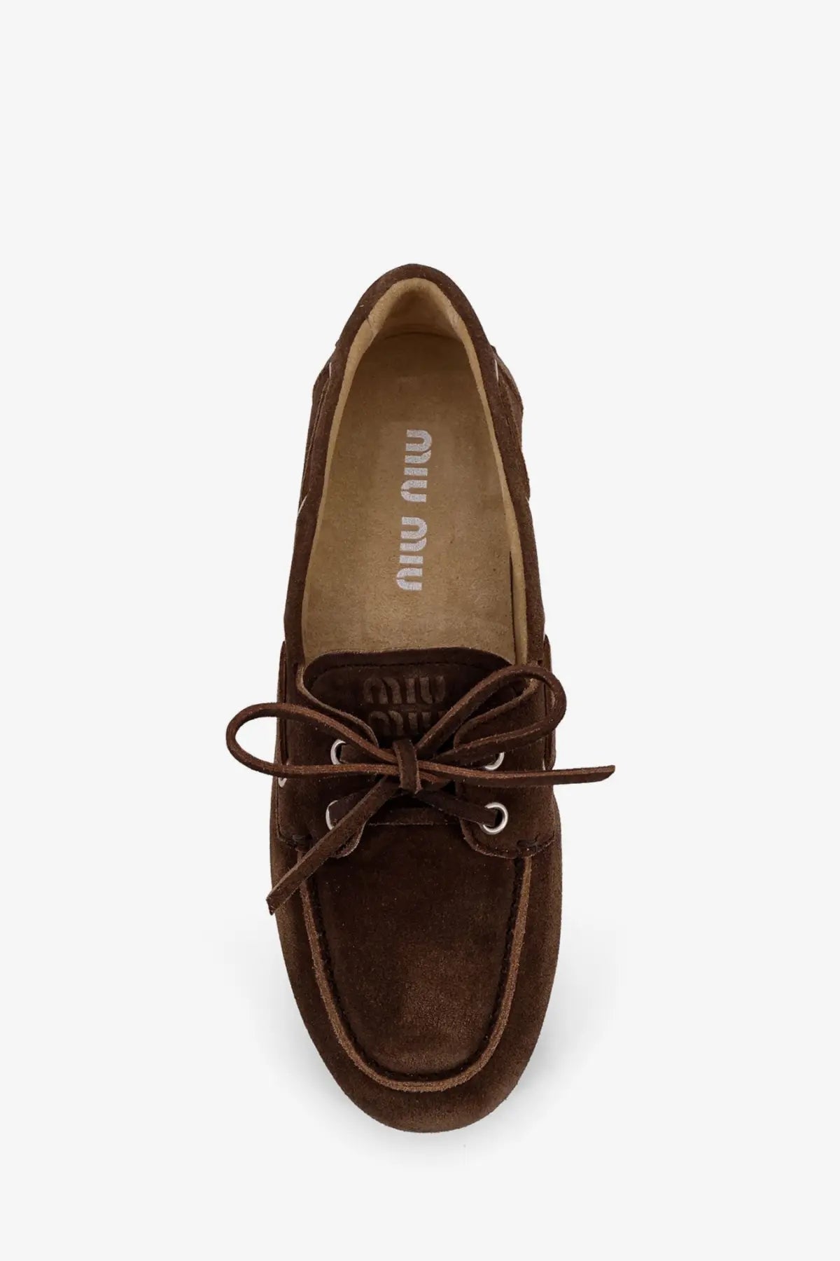 Miu Miu women’s vintage effect brown suede boat shoe with matching laces and silver eyelets in gold accents