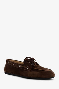 Miu Miu women vintage effect suede loafers in brown with dark brown laces and silver eyelets in boat shoe style