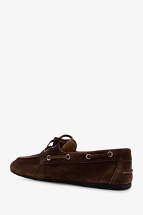 Miu Miu women’s vintage effect brown suede boat shoe with dark brown laces and silver eyelets