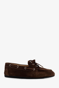 Miu Miu women’s brown suede loafers with classic boat shoe design and silver eyelets vintage effect gold
