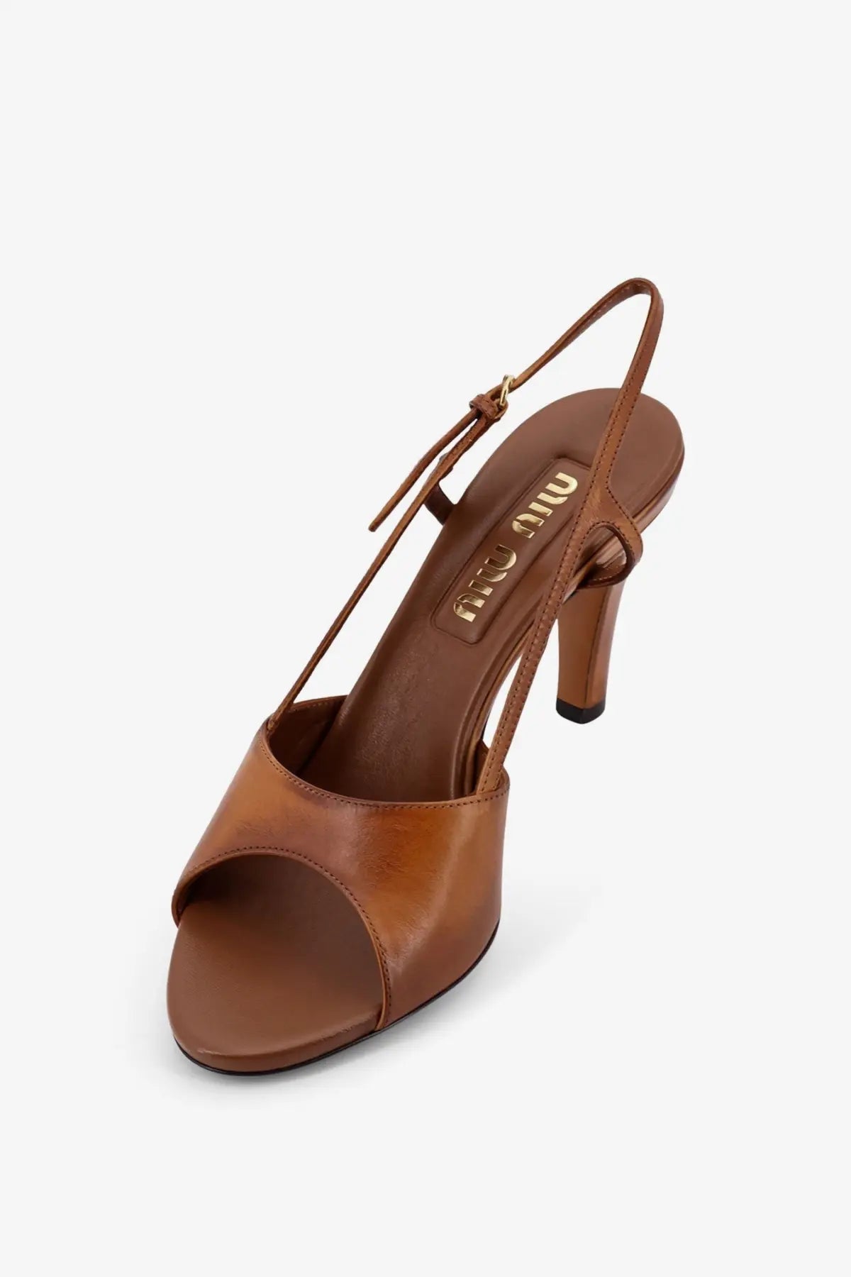 Miu Miu women’s vintage brown leather slingback pump with medium heel and adjustable ankle strap