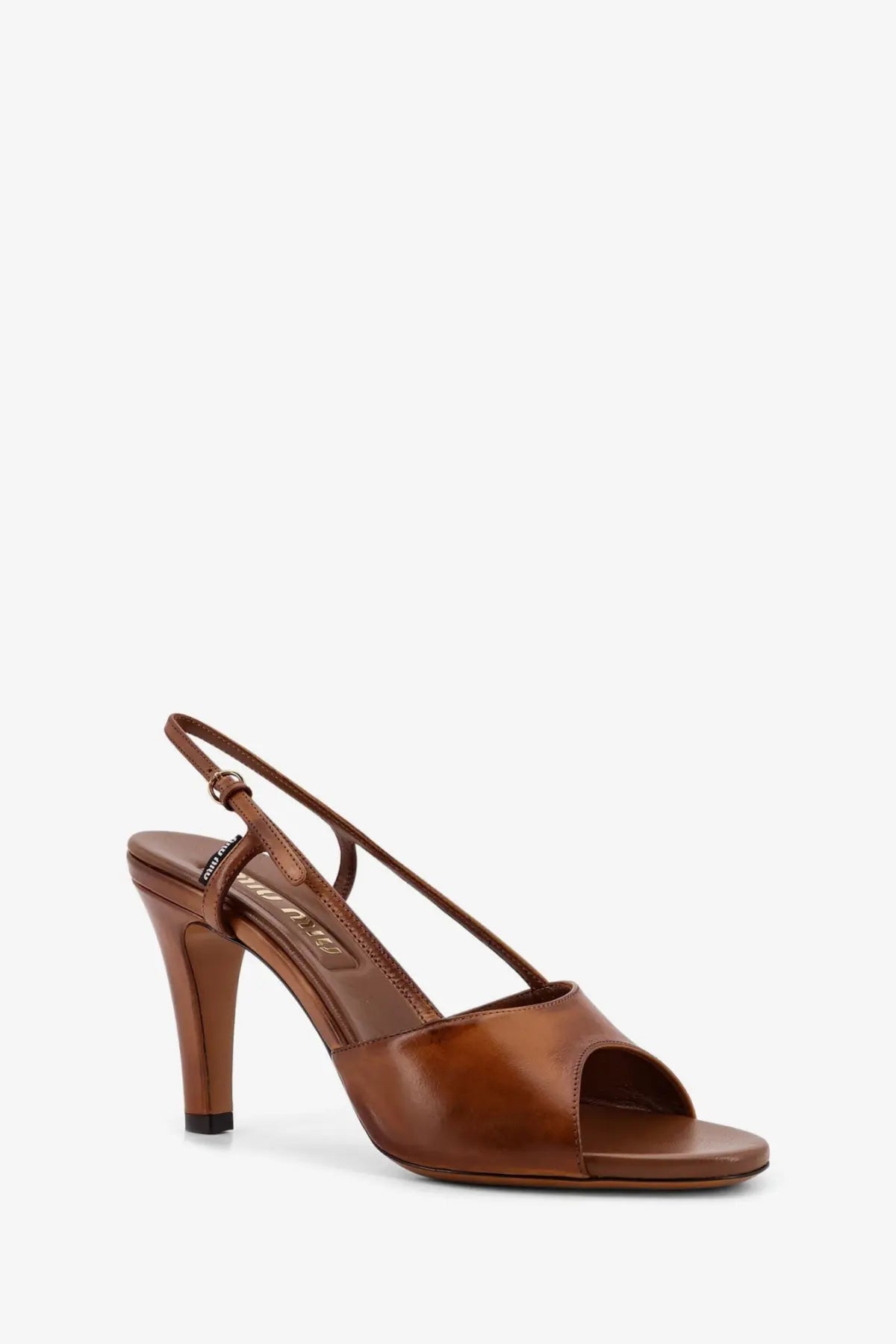 Miu Miu women’s vintage brown leather slingback sandal with medium heel and open-toe design