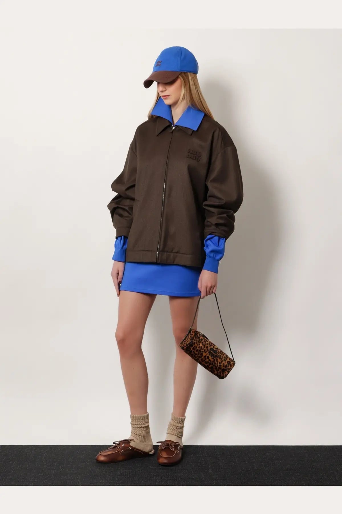 Miu miu women’s brown virgin wool bomber jacket with color-block blue collar cuffs and zipper detail