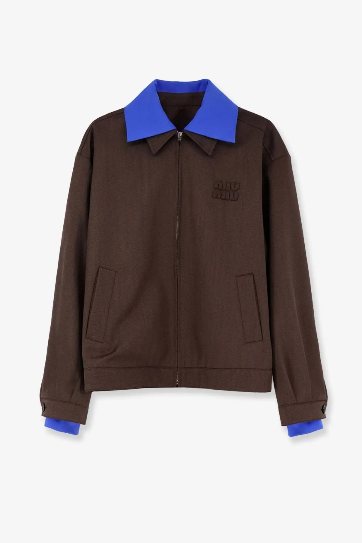 Miu Miu women’s virgin wool brown jacket with bold blue collar cuffs and subtle embroidered branding on chest