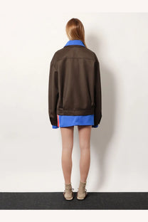 Miu Miu women’s brown virgin wool bomber jacket with blue collar and sleeve trim and subtle red side stripe