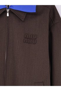 Miu Miu women’s brown virgin wool zip-up jacket with textured fabric bold blue collar and embossed logo