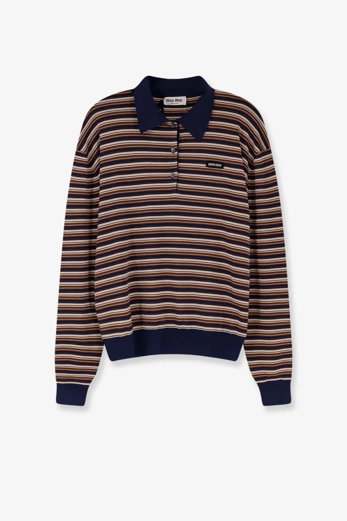 Miu Miu women’s virgin wool polo shirt in navy blue and brown stripes with contrasting collar cuffs and hem