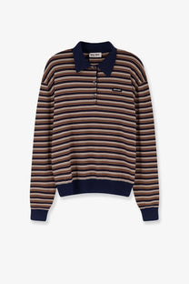 Miu Miu women’s virgin wool polo shirt in navy blue and brown stripes with contrasting collar cuffs and hem