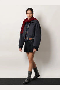 Dark gray bomber jacket with ribbed cuffs and small black patch on left chest for women by miu miu