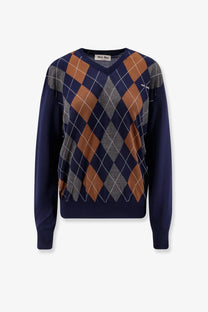 Navy blue miu miu women’s virgin wool argyle knit sweater with brown and gray diamond patterns