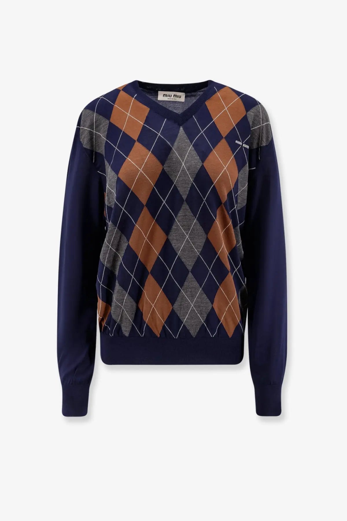 Navy blue miu miu women’s virgin wool sweater with brown and gray argyle diamond knit pattern