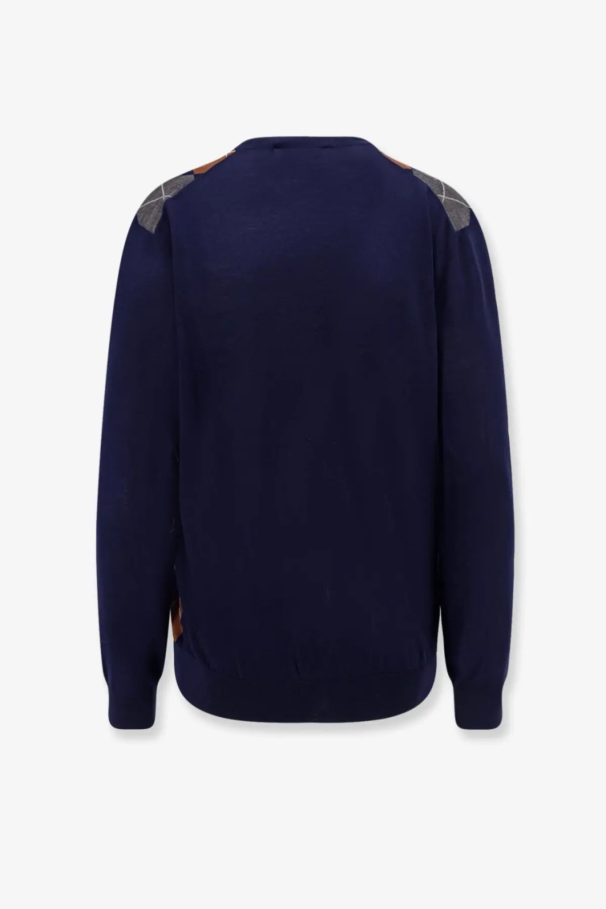 Navy blue Miu Miu women’s virgin wool sweater with argyle shoulder patches and subtle side panel accents