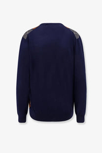 Navy blue Miu Miu women’s virgin wool sweater with argyle shoulder patches and subtle side panel accents