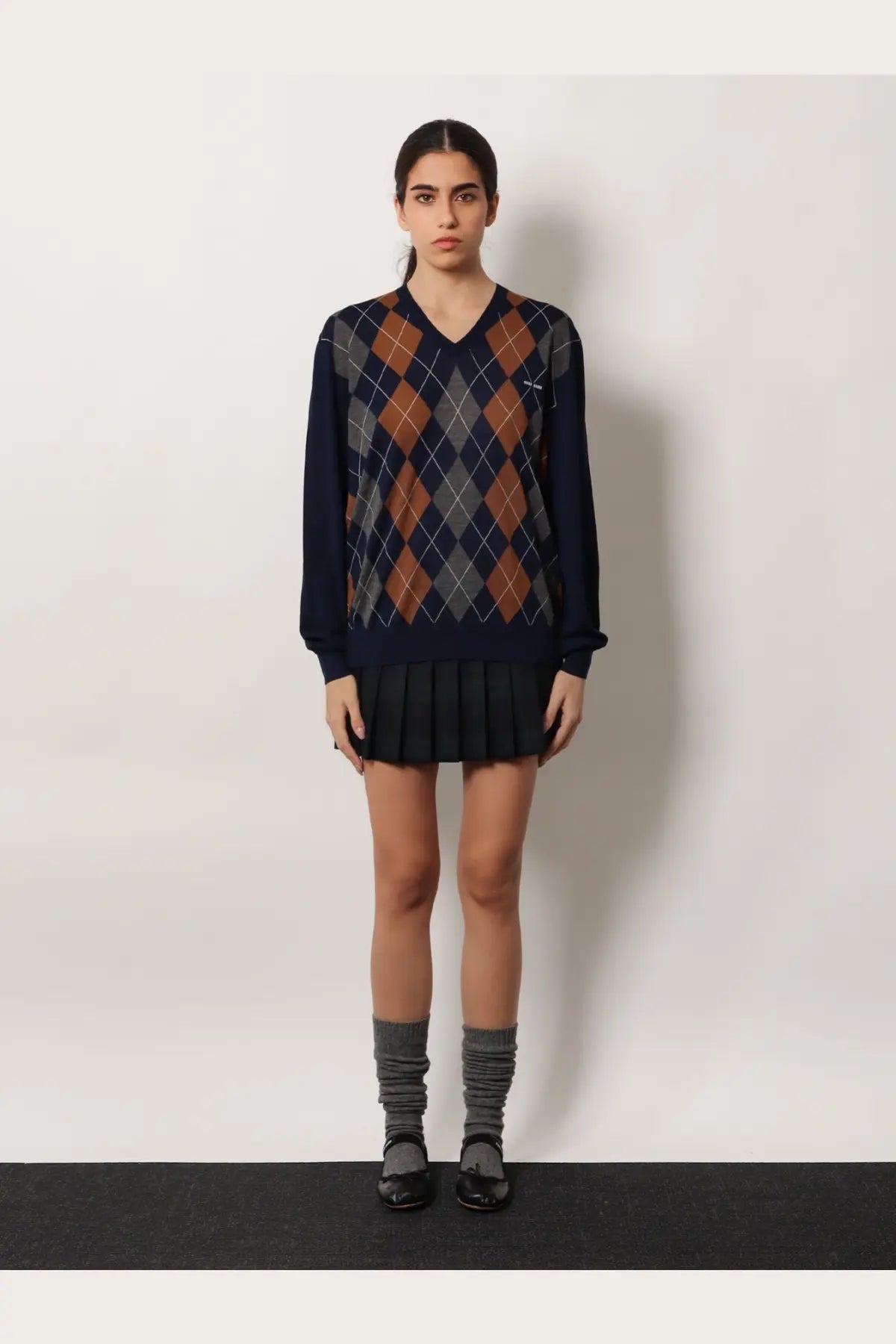 Navy blue and brown argyle knit v-neck sweater made of virgin wool by Miu Miu for women