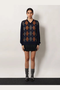 Navy blue and brown argyle knit v-neck sweater made of virgin wool by Miu Miu for women