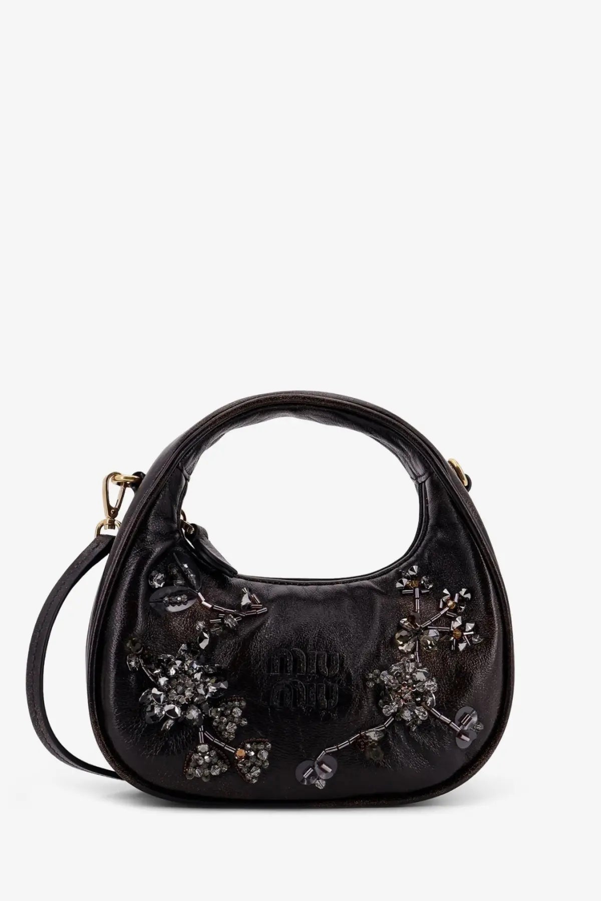 Black miu miu leather handbag with shiny crystal embellishments and a curved top handle for elegant wear