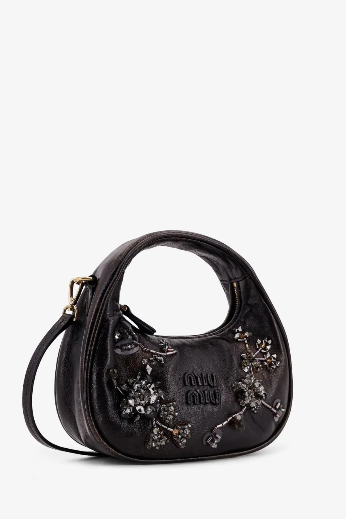 A black leather miu miu handbag with sparkling crystal embellishments and a gold-tone logo front detail