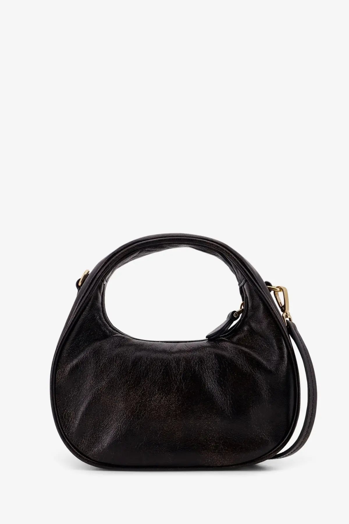 Miu Miu women’s black leather hobo bag with gold-tone hardware and curved top handle for stylish carry