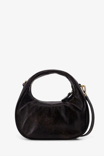 Miu Miu women’s black leather hobo bag with gold-tone hardware and curved top handle for stylish carry
