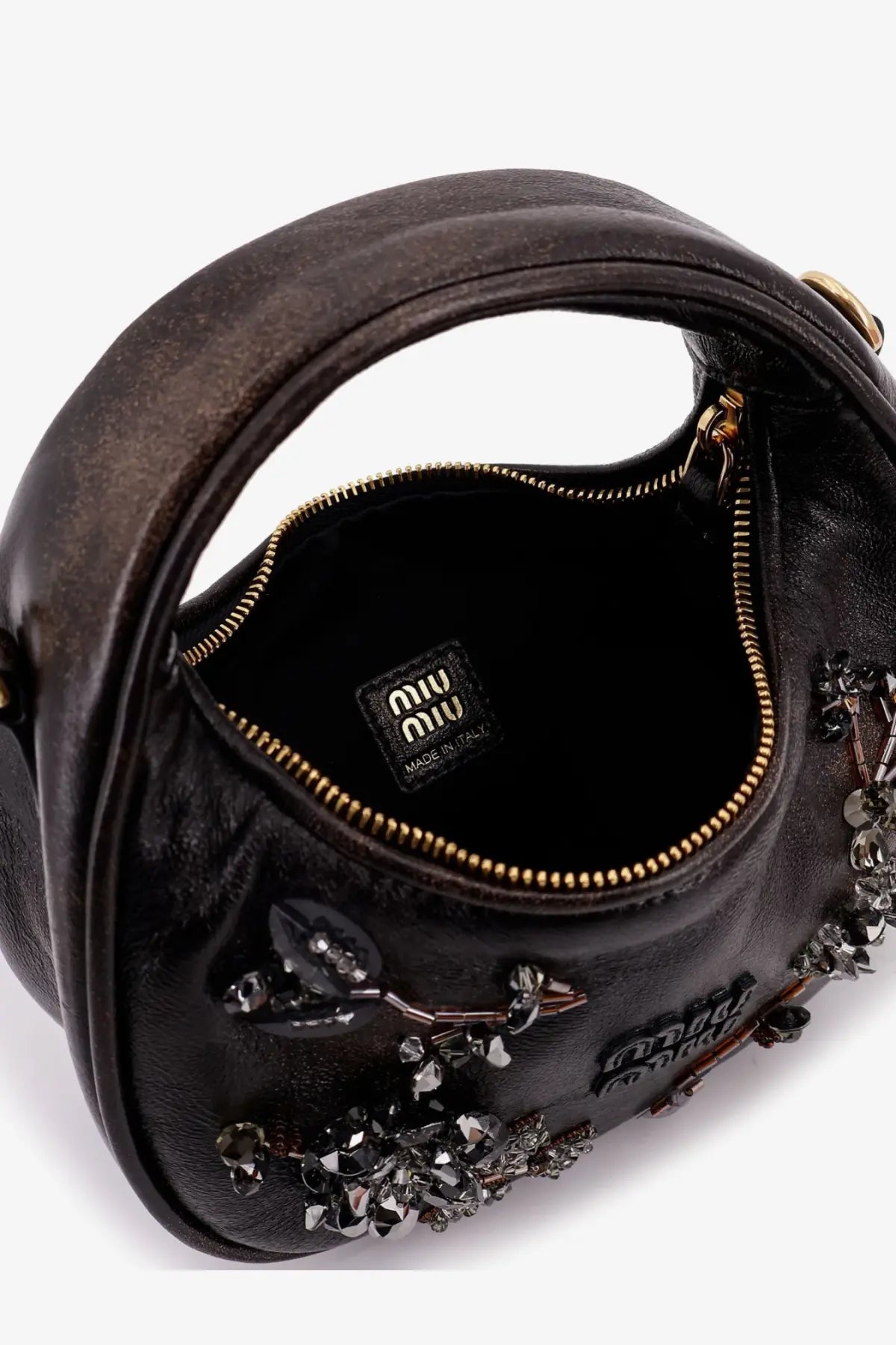 Miu Miu women’s wander dark brown leather mini crossbody bag with crystal embellishments and gold-tone hardware