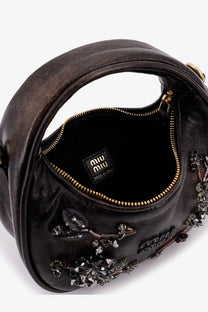 Miu Miu women’s wander dark brown leather mini crossbody bag with crystal embellishments and gold-tone hardware
