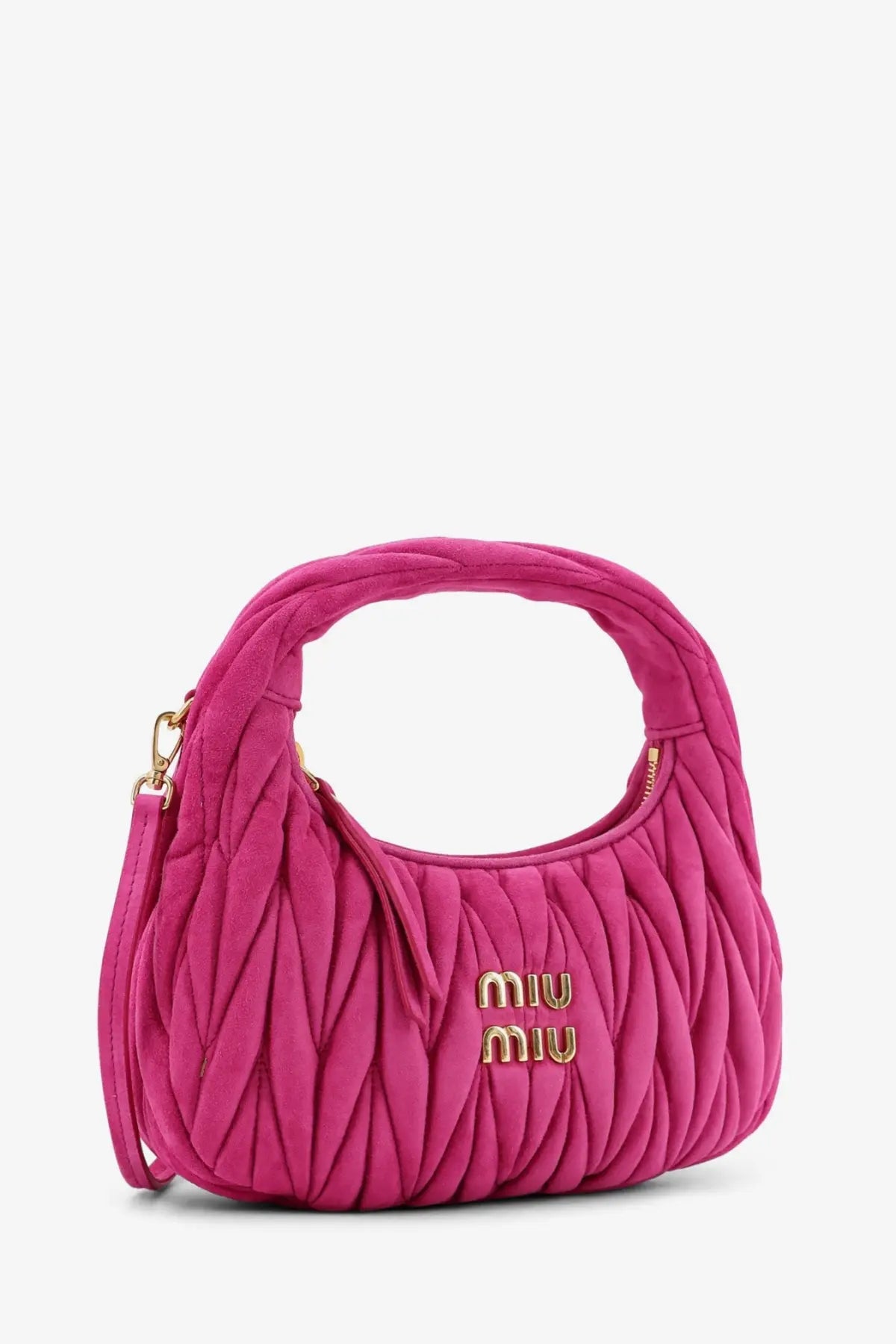A vibrant fuchsia Miu Miu women’s Wander Matelassé suede shoulder bag with quilted texture and gold-tone logo hardware