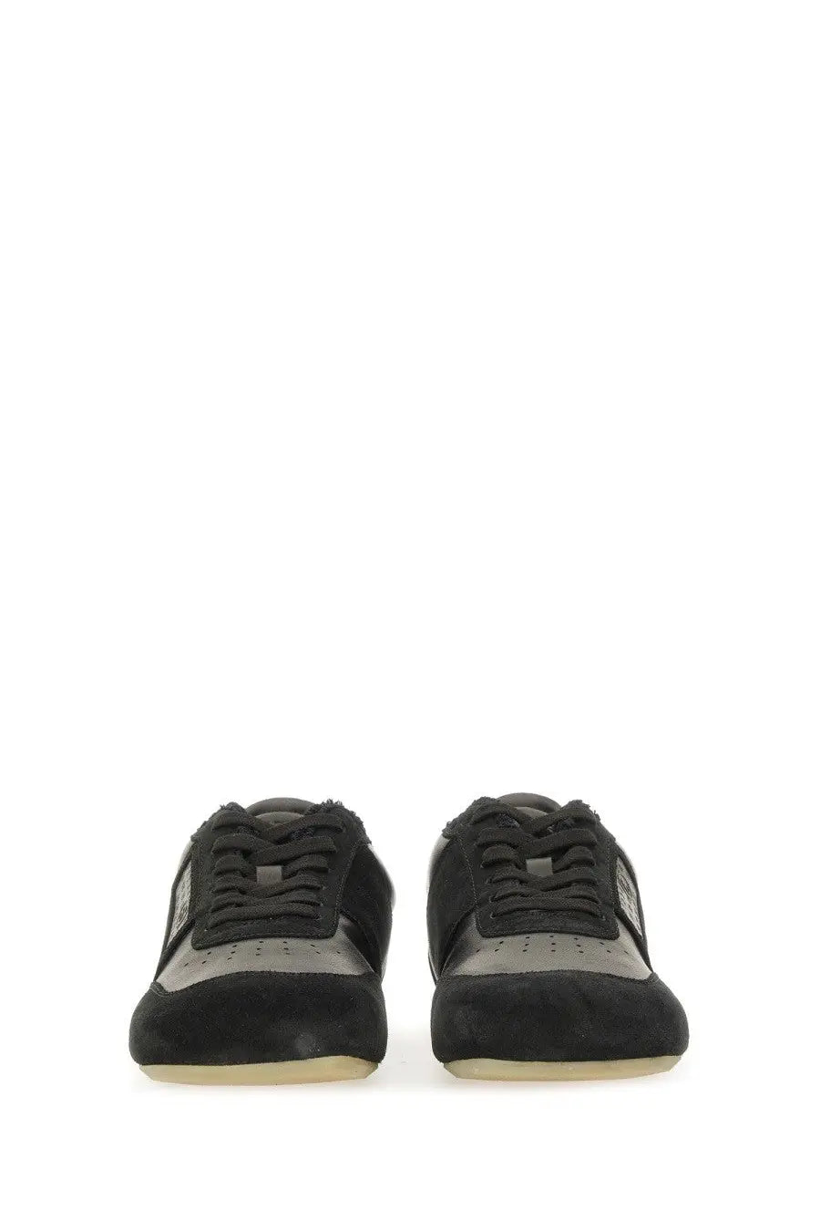 Mm6 maison margiela men’s anatomic sneaker black black suede and gray perforated leather low-top sneaker with black laces