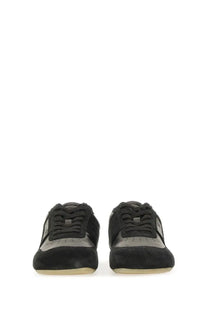 Mm6 maison margiela men’s anatomic sneaker black black suede and gray perforated leather low-top sneaker with black laces