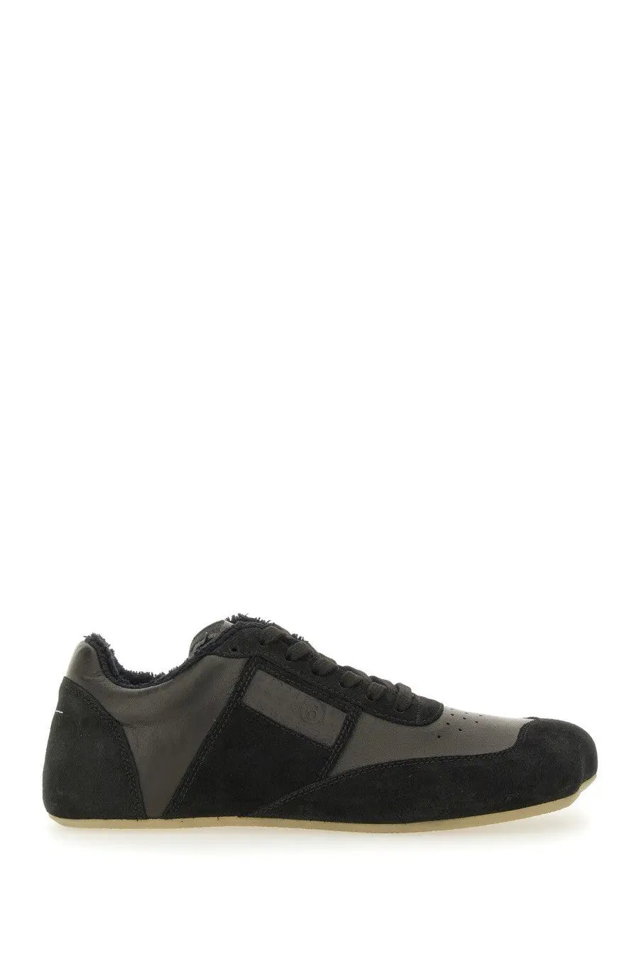 Mm6 maison margiela men’s anatomic sneaker in black suede and leather with matte finish and dark gray side panels