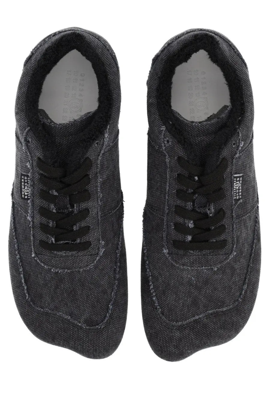 Mm6 maison margiela men’s anatomical canvas sneaker grey in dark gray with black laces and distressed frayed texture