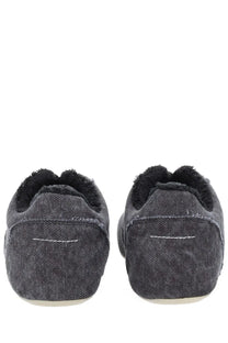 Dark gray mm6 maison margiela men’s anatomical canvas slip-on shoes with black faux fur lining and white stitching details
