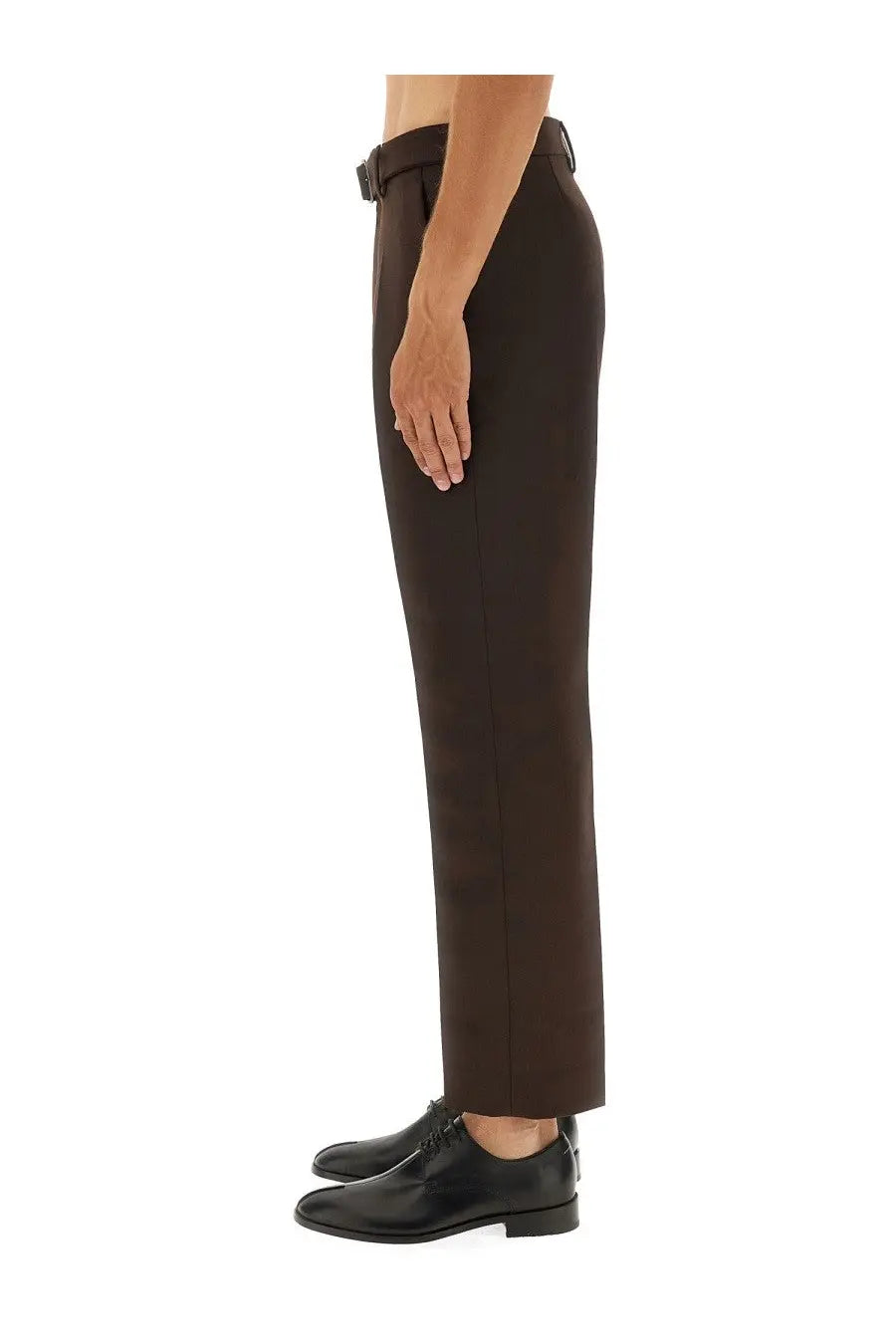 Dark brown tailored mm6 maison margiela men’s belted pants with sleek straight-leg cut and black belt