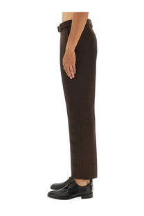 Dark brown tailored mm6 maison margiela men’s belted pants with sleek straight-leg cut and black belt
