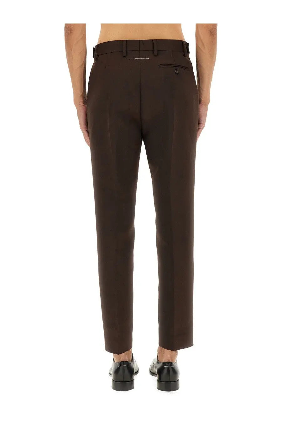 Dark brown tailored mm6 maison margiela men’s belted pants with sleek straight-leg cut and subtle back pleats visible from rear view